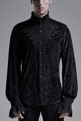 Chemise gothique en velours tricoté pour homme avec col montant noir, manches lanterne, boutons rétro en métal à l'avant et poignets à volants